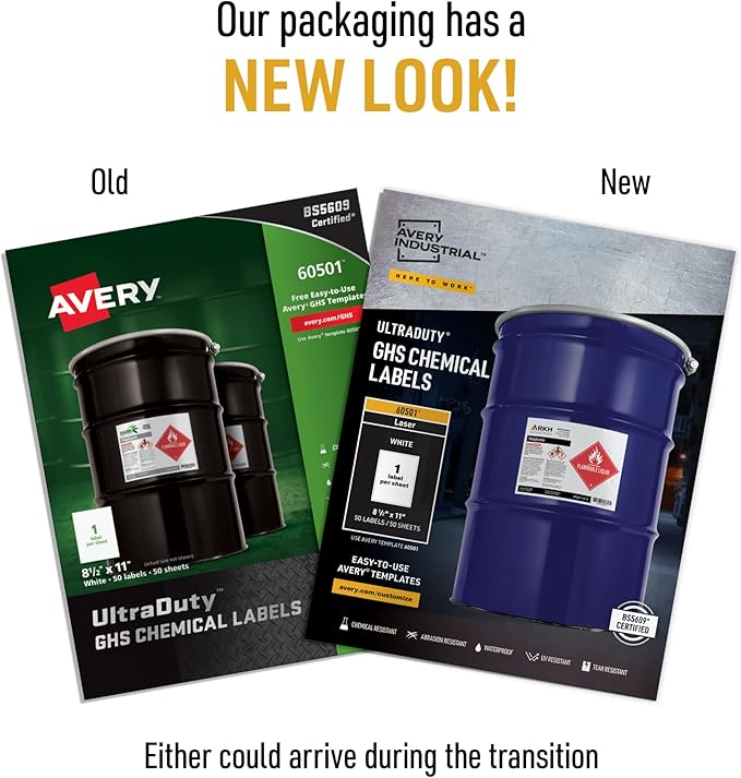 Avery UltraDuty GHS Chemical Labels for Laser Printers, Waterproof, UV Resistant, 8.5 x 11, 5 Packs (60501)