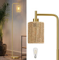 66" Gold Floor Lamp for Living Room, Boho Floor Lamp with LED Bulb, Foot Switch, Rattan Shade, Industrial Tall Farmhouse Standing Lamp for Bedroom, Dining Room, Study Room, Office