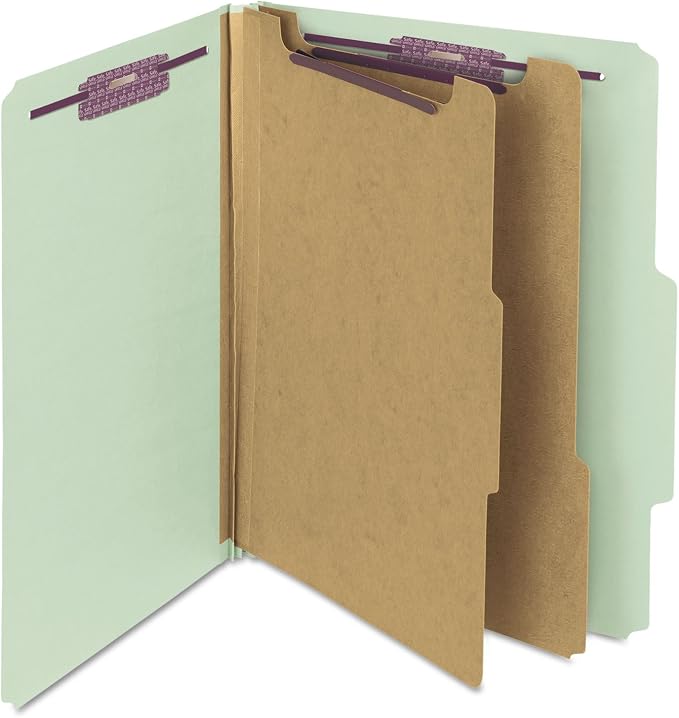 Smead Pressboard Classification File Folder with SafeSHIELD Fasteners, 2 Dividers, 2" Expansion, Letter Size, Gray/Green, 10 per Box (14076)