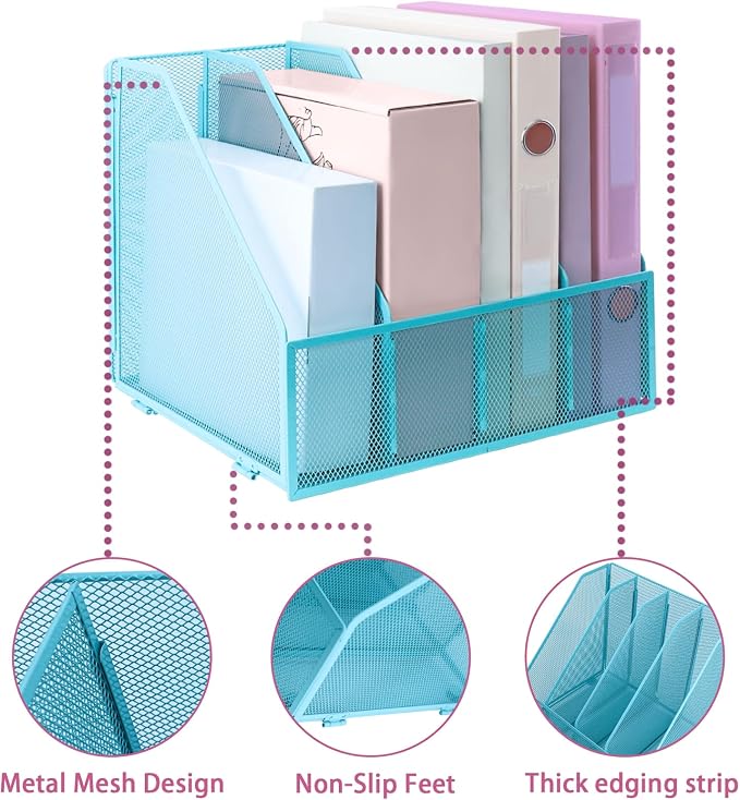 Desk Organizers, Metal Magazine File Holder with 4 Vertical Compartments Rack Binder File Organizer for Office Supplies, Home Workspace - Blue