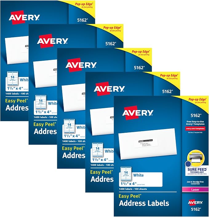 Avery Mailing Address Labels, Laser Printers, 1,400 Labels, 1-1/3 x 4, Permanent Adhesive, 5 Packs (5162)