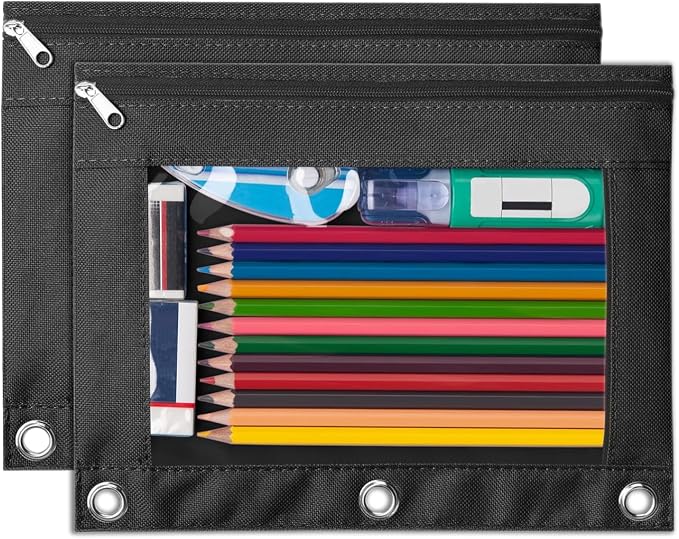 Forvencer 2 Pack Pocket for 3 Ring Binder Black, Large Pencil Case Pouch | Smooth Zipper Pencil Bag with 3 Reinforced Grommets, Pen Bag, Clear Window Pencil Case, Binder Accessories, Black