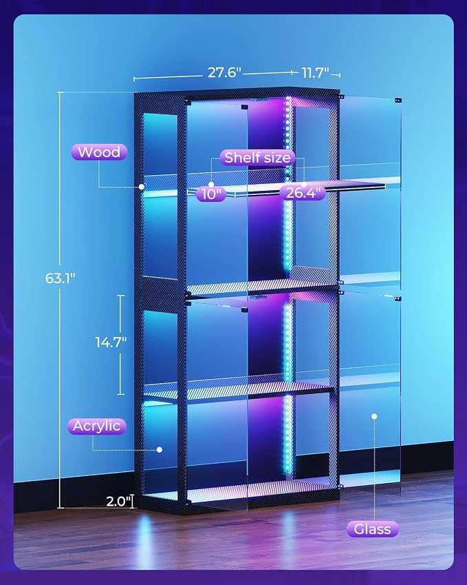 AODK Display Cabinet with Glass Door & RGB LED Lights, 4-Tier Display Case | Glass Display Shelf for Storage, Curio Cabinet for Collectibles & Showcase, Living Room