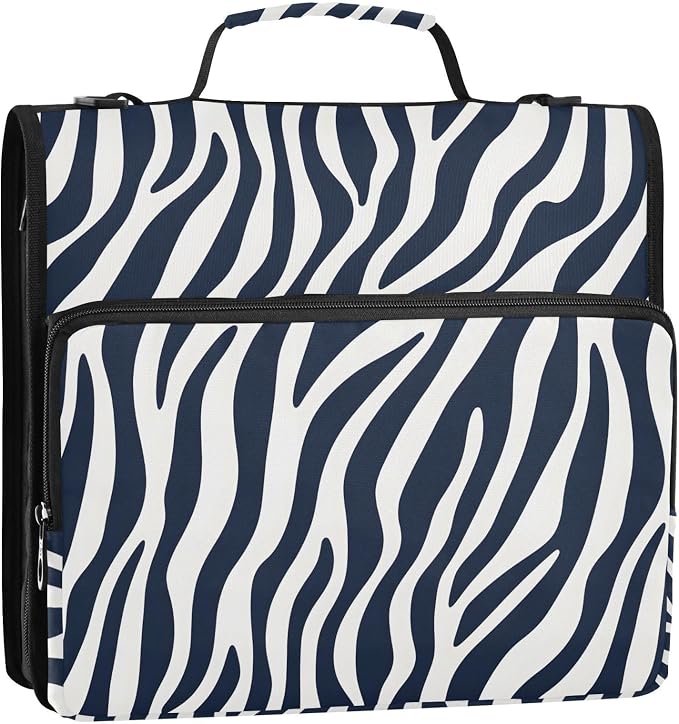 Blue White Zebra Print 3 Ring Binder Bag 1.5 inch Binder Organizer with Zipper Shoulder Strap 500 Sheet Documents Storage for School Office
