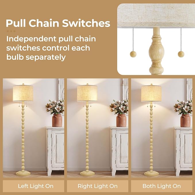 Luvkczc Vintage Floor Lamp for Living Room Bedroom, 62" Retro Standing Lamp with 2 Pull Chain Switches, Corner Lamp for Farmhouse, Includes 9W LED Bulb