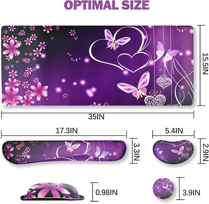 Large Gaming Mouse Pad, Keyboard Wrist Rest Pad & Wrist Support Mousepad Set, Stitched Edge, Extended, Non-Slip Base, Memory Foam Desk Mat for Office, Home, Purple Heart Butterfly