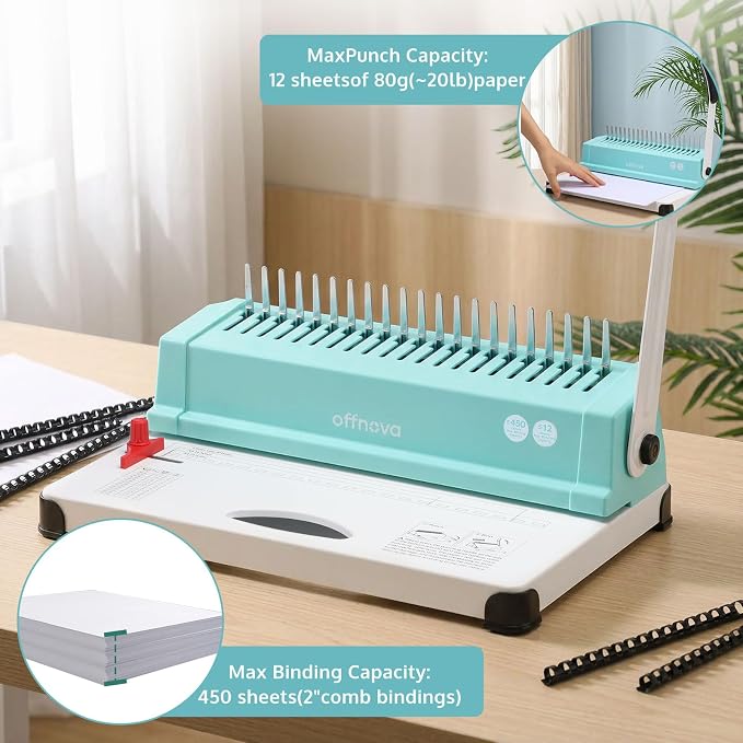 OFFNOVA Binding Machine, 21-Hole 450 Sheets Paper Comb Punch Binder Machine for Letter Size / A4 / A5 Paper, Easy to Punch Handle, Adjustable Margin, Mint with White Base