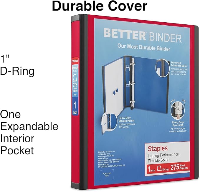 Staples Heavy-Duty 1-Inch D-Ring Binder, Red, Removable Spine Label | Durable polypropylene cover built for school and office document storage.
