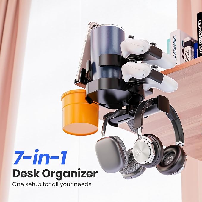 7-in-1 Desk Cup Holder - EURPMASK Organizer with Headphone, Controller Holder, Snack Bucket, and Phone Holder, Clamp-On Desk Accessory with Sturdy Large Storage, Easy to Install, Black