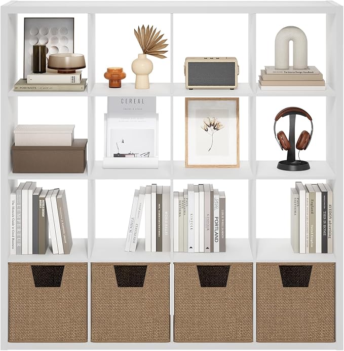 Furinno Cubicle Book Shelf, 16-Cube Bookshelf, Extra Thick Frame Reversible Tall Wide Bookcase with Open Back, 14.6 x 57.8 x 58, for Living Room, Bedroom, Home Office, Plain White