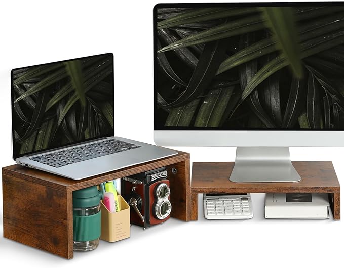 TEAMIX 2-Pack Monitor & Laptop Stand Riser, Wood High-Low Dual Monitor Set | Stacked/Separate Use, Adjustable Computer Stand for 2 Monitors, Holds 80Lbs, Rustic Desk Organizer for Home Office, Gaming
