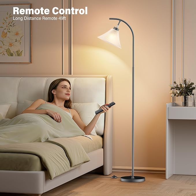 Glass Floor Lamp, Dimmable Black Standing Lamp with Remote Control & 3 Color Temperatures, Modern Arc Floor Lamps for Living Room Bedroom Office Corner, 9W LED Bulb Included