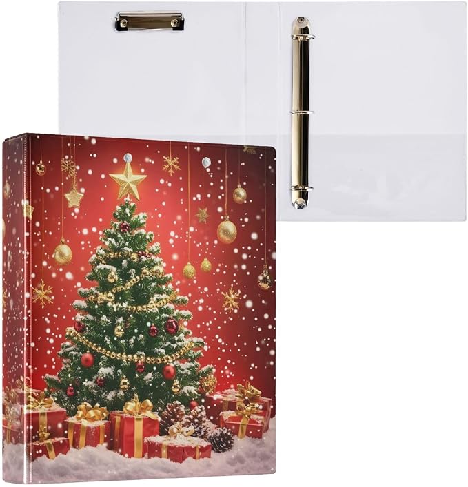3 Ring Binder Christmas Tree Gift Box 1.5 inch Binders Three Ring Binders with Clipboard Fit 8.5'' x 11'' Paper 3 Interior PVC Clear Pockets for Office Supplies