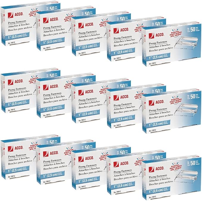 ACCO Prong Fastener Sets, Premium, for Standard 2-Hole Punch, 1" Capacity, 1 Case, 15 Boxes/Case, 50 Sets/Box (A7070012CS)