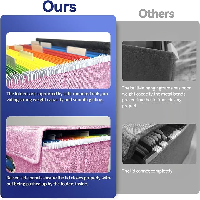 2 Pack Hanging File Folder Box with Lid, Durable Letter Size Filing Storage Box, Sturdy File Holder with Cardboard Support PVC Rails for Office Home Organizer, Pink