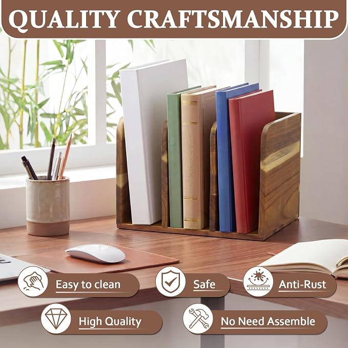 Novabright Acacia Wood File Magazine Holder Desk Organizer, 3 Vertical Compartments Workspace Sorters for Magazines, Binders, Notebooks, Envelopes