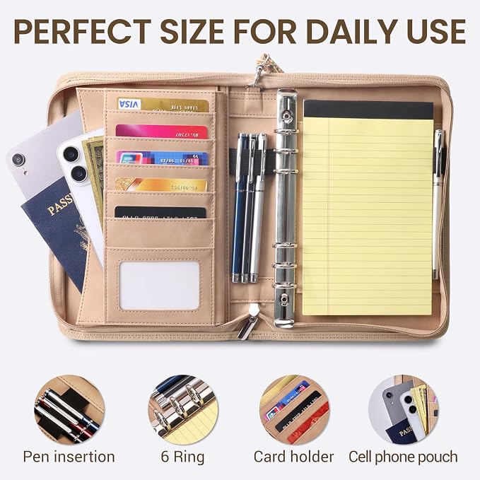 A5 Binder 6 Ring with Zipper, Portable Planner for Travel & Study | Faux leather A5 planner with detachable 6 rings, lined pages, pouches, card slots and pen holder for daily use.