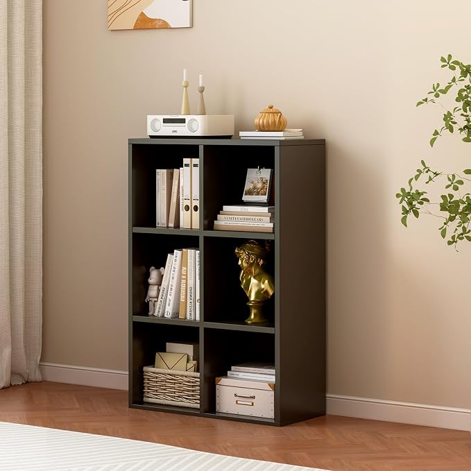 6-Cube Storage Shelf Bookcase, Black | Wooden 3-Tier Open Bookshelf, Fits 11×11" Bins, Vertical or Horizontal Use, Full Back Panels, For Home Office