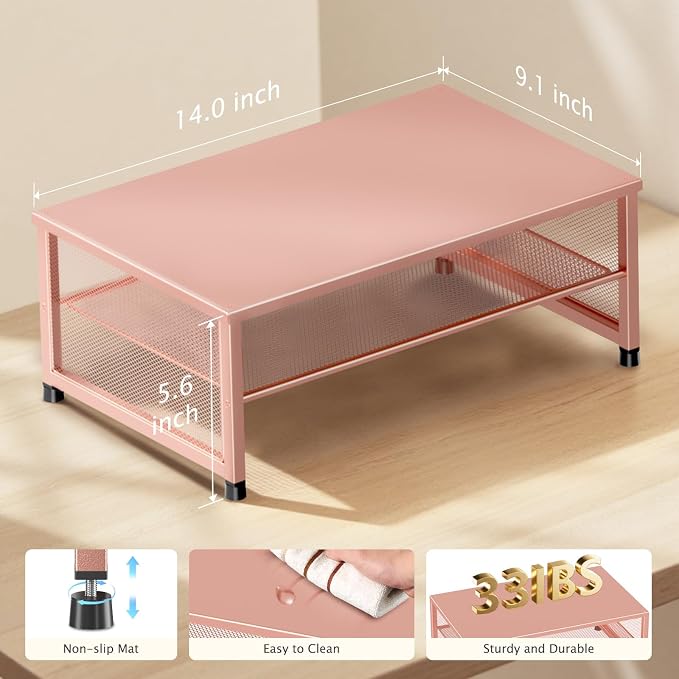 ECOLOVI 2-Tier Computer Monitor Stand Riser, Printer & Laptop Stand, Office Desk Accessories, Workspace Desk Organizer for Home Office Supplies, Rose