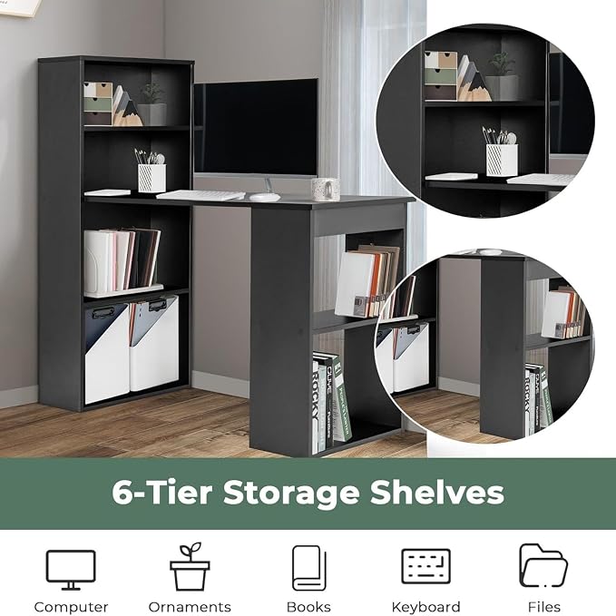 Tangkula Computer Desk with Bookshelf, Writing Study Desk with Storage Shelves & CPU Stand, Modern Compact Computer Workstation for Home & Office, Space-Saving Design (Black) | Bookcase Desk w/Bookshelf Storage Shelves & CPU Stand, Space-Saving Design ...