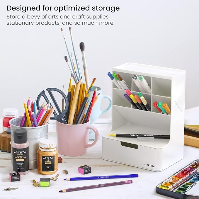 ARTEZA Desktop Pen and Marker Organizer, 6-Compartment White Pen Holder for Desk with Stationery Drawer, Makeup Organizer