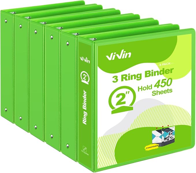 ViVin 2 Inch Round Ring View Binder for Durability, 6-Pack (Ivy Green) | Standard 3 Ring Binder for 450 Sheets of US Letter Size Paper, PVC-Free, Clear Front Pocket, Office Home School Use