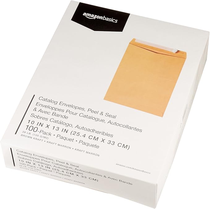 Amazon Basics Catalog Shipping Envelopes, Peel and Seal, 10" x 13", Brown Kraft, 100-Pack