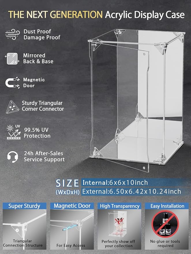 Clear Acrylic Display Case with Mirrored Back and Base, UV Protected Acrylic Box with Magnetic Door, Dustproof Display Box Showcase for Collectibles, Figures, Models, Toys (6x6x10inch)
