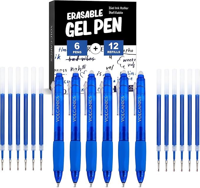 Volcanics Retractable Erasable Gel Pens, Blue Ink, 18 PCS, 0.7mm