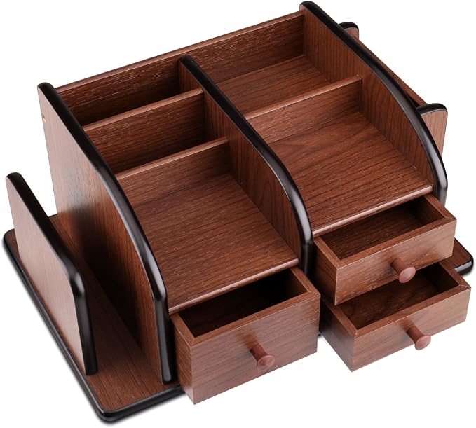 Flexzion Wooden Desk Organizer w/Drawers - Classic Wood Office Supplies Accessories Desktop Tabletop Sorter Shelf Rack Cherry Brown Pencil Holder Caddy Set with 3 Drawers, 3 Compartments & 2 Shelves | Cherry Brown Table Caddy, 12 X 8 X 5.5 In, with 3 C...