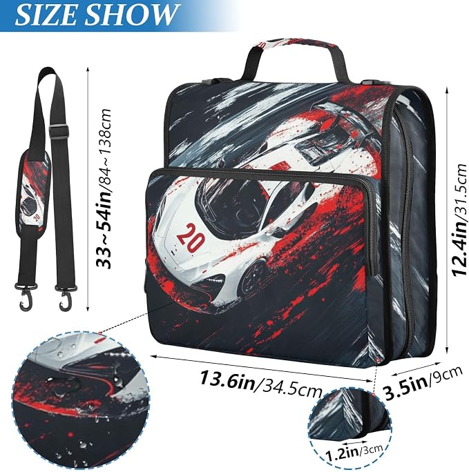 Truck Racing Car 3 Ring Binder Bag 1.5 inch Binder Organizer with Zipper Shoulder Strap 500 Sheet Documents Storage for School Office