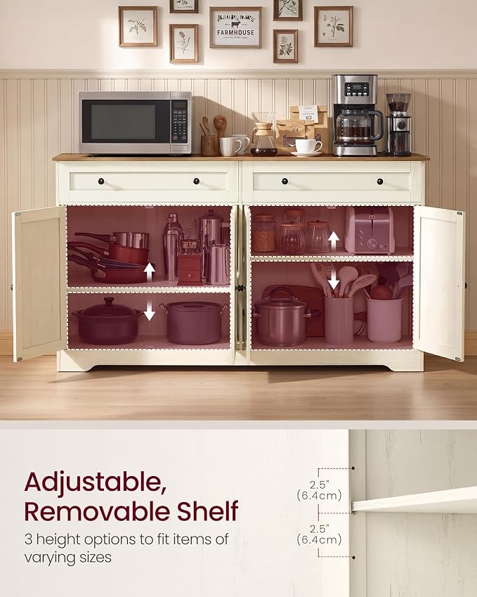 VASAGLE Siren Collection - Buffet Cabinet, Farmhouse Coffee Bar Cabinet with 2 Drawers, Adjustable Shelves, 4 Doors, Sideboard, 15.8 x 55.1 x 31.5 Inches, Rustic White and Honey Brown ULSC541WJ01S