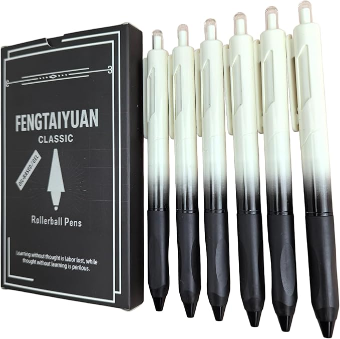 Fengtaiyuan Gel Pens, 0.5mm Fine Point Black Ink Pens, Triangular Grip with Non-Slip Silicone, Ergonomic Writing Pens for Journaling Note Taking, Smooth Writing, Gradient Barrel, 6 Pack