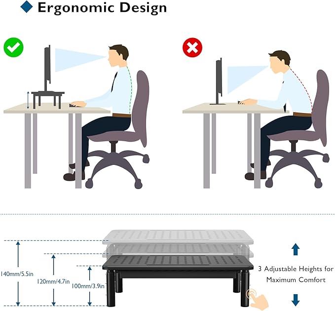 BONTEC 1 Pack Adjustable Monitor Stand Riser with Drawer, Supports 44lbs | Ergonomic Mesh Platform for Desk, Ventilated Laptop and PC Use with Cable Management for a Cooler, Organized Workspace