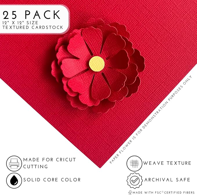 All American Red—12x12 Textured Cardstock | 80lb Textured Red Scrapbook Paper | Premium Cardstock for Cricut Cutting | 25 Sheets