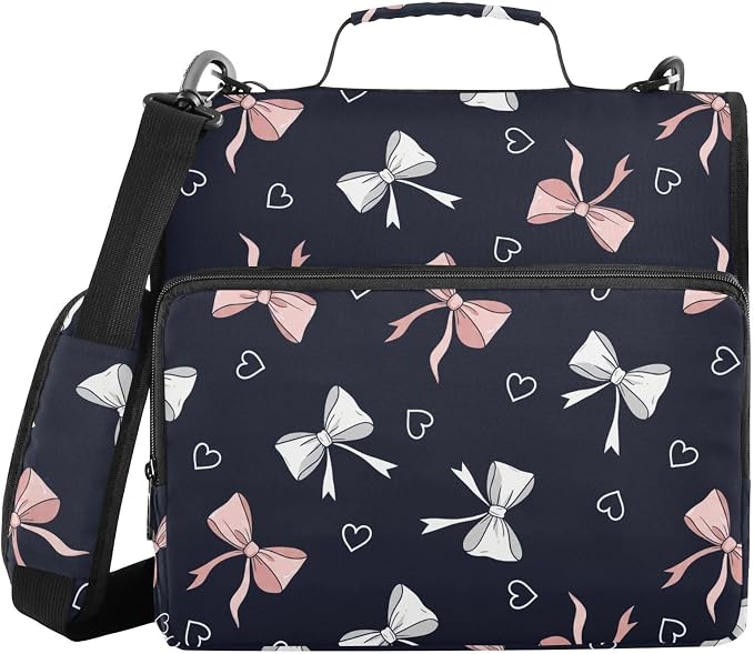 Bows Hearts Print 3 Ring Zipper Binder with Shoulder Strap & Handle 1.5 Inch D-Ring Zippered Bag with Pencil Pouch,Multiple Pocket & Expanding File Folder, Binder Organizer for School or Office