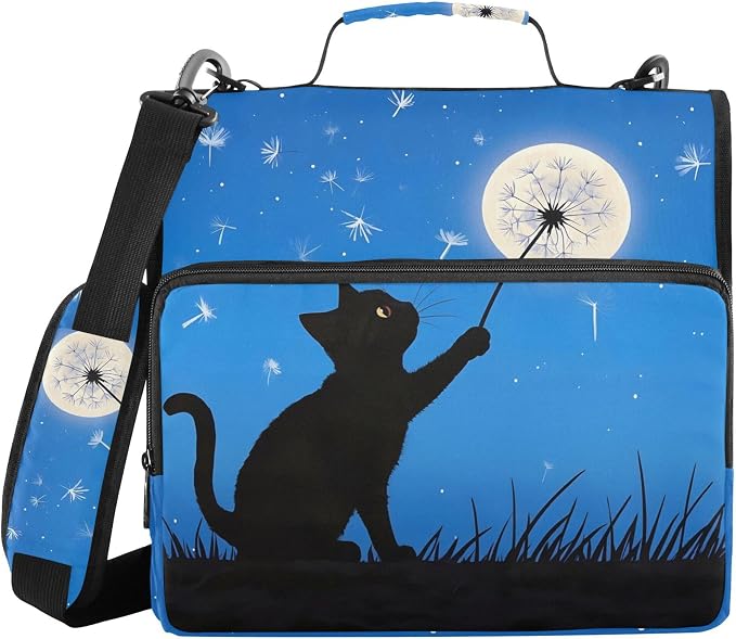 MNSRUU 3 Ring Binder Bag, 2 Inch D-Rings Easily Organizes 1 Inch Fits Letter Sized Paper, Black Cat Large 3 Hole Zipper Binder Organizer for School Office Supplies