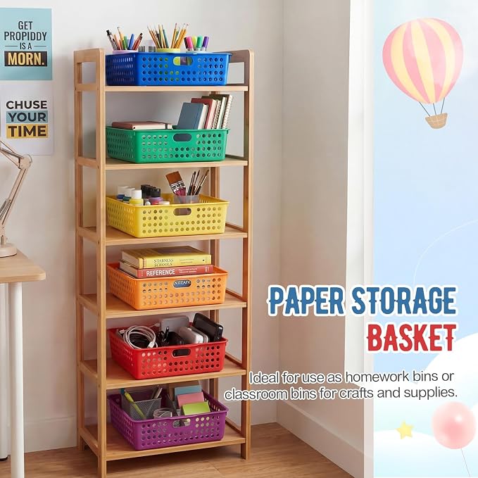 Geetery 12 Pack Classroom Storage Baskets with Handle,Rainbow Color | 14''x10'' Paper Tray Holds A4 Turn in Trays Plastic Paper Baskets Desk Organizer Bin for Classroom, Library, Office, Home