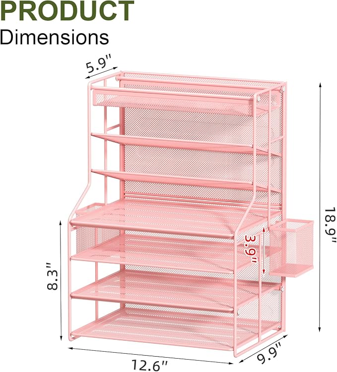 Pink 7 Tier Desk File Organizer, Metal Letter Tray Paper Organizer with Pull-Out Drawer, Removable Pen Holder & Hanging Basket, Vertical Desktop File Holder for Home Office, Classroom