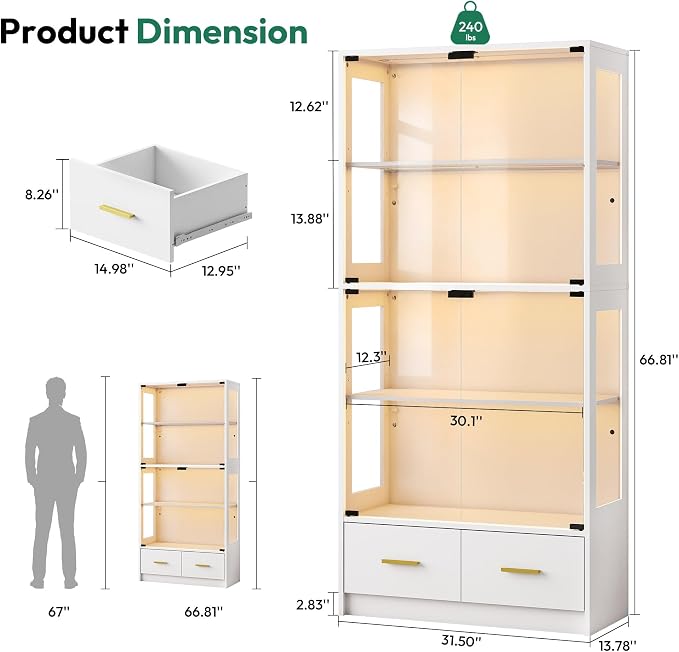 67" Display Cabinet with Glass Doors and 2 Drawers | White | RGB LED Lights, Pop-Up Glass Doors, Adjustable Shelves, Anti-Tip Design