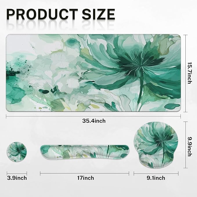 Keyboard Mouse Pad Set, 4 in 1 Desk Mat Set, Colorful Floral | Large Mousepad+Keyboard Wrist Rest+Mouse Wrist Rest+Coaster Ergonomic Design for Home Office Computer