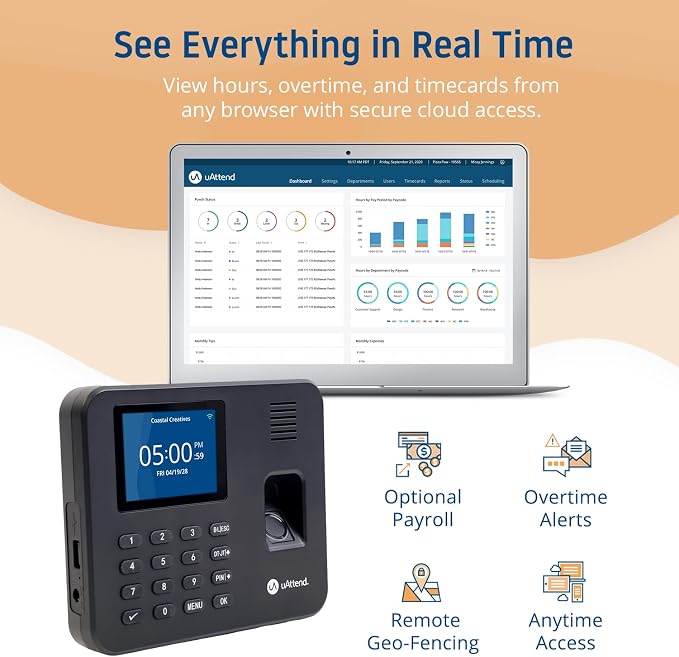 uAttend RE2000 Biometric Time Clock for Employees – Fingerprint + PIN Punching, Wi‑Fi Cloud Time & Attendance System with Offline Storage, Payroll-Ready – Small Business Time Tracking