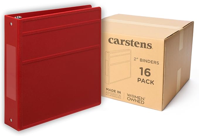 Carstens 2-Inch Heavy Duty 3-Ring Binder - Side Opening, Brick Red, Durable Plastic, No-Gap Rings, Waterproof Covers, No Pockets, Holds 300 US Letter Sheets, BPA-Free, Made in USA (2828-3R) Case of 16