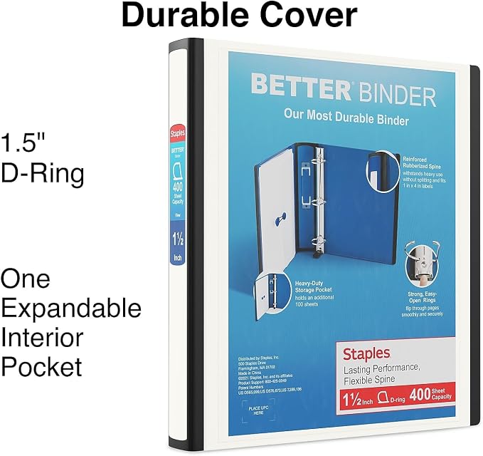 Staples Heavy-Duty 1.5-Inch D-Ring Binder with Pockets & Spine Label | Large-capacity 3-ring binder for school and office document storage.