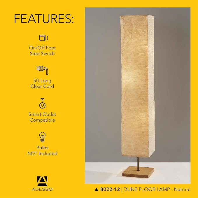 Adesso 3-Light Floor Lamp, Natural Wood & Beige, Adjustable, 58” | Dune 60W Floor Lamp with Foot Switch for Bedroom, Living Room, Reading Nook, or Corner Accent Lighting