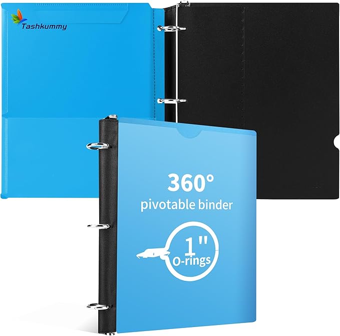 360 Degree Pivotable Binder, Upgraded 3 Ring Binder 1 inch, Flexible Binders 3 Ring, Foldable Three Ring Binders- Blue