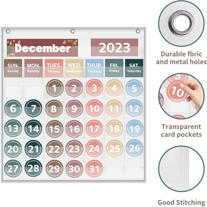 Boczif Monthly Classroom Calendar Pocket Chart (White)
