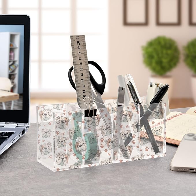 English Bulldog Dog Paw Print 4 Compartment Acrylic Pencil Holder, Printed Pencil Holder Makeup Brush Holder Acrylic Desktop Accessories for Pencil Cutlery Toiletries Storage