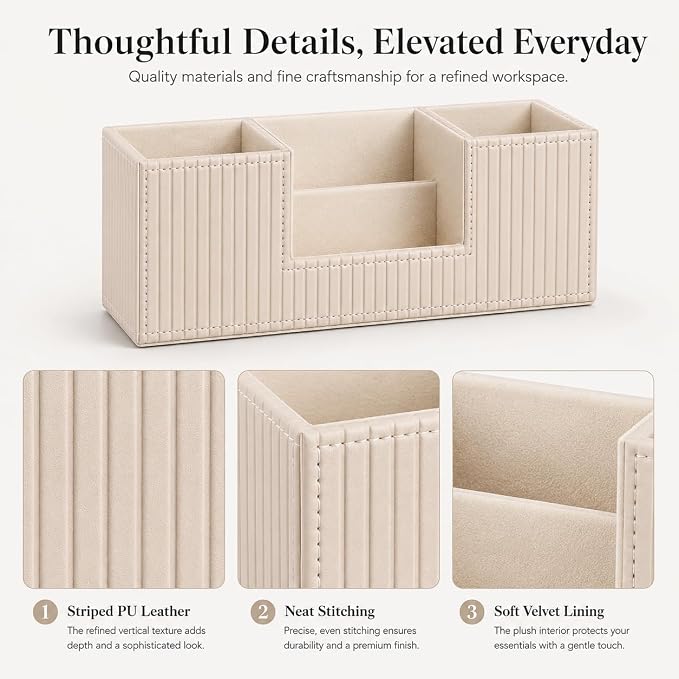 GORESE Pen Holder for Desk, Leather Small Desk Organizer for Office, Beige | 4-Compartment, Vegan Leather, Office Supplies, Desk Caddy Nightstand Organizer for Pen, Pencil, Remote Control, Business Card