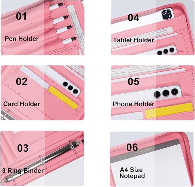 Fashionable Mesh Super Pink PU Padfolio, Vegan Leather Binder Portfolio for Women, 3 Ring Padfolio with Zipper, A4 Planner Binder Laptop Pocket, Legal Size Portfolio, Christmas Gift